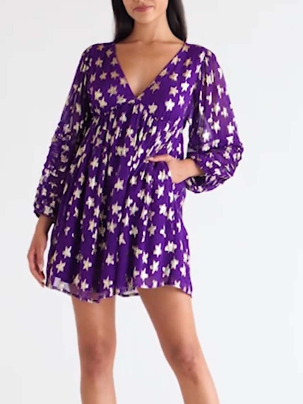 Ciebon V Neck Purple Star-Print Mini Dress